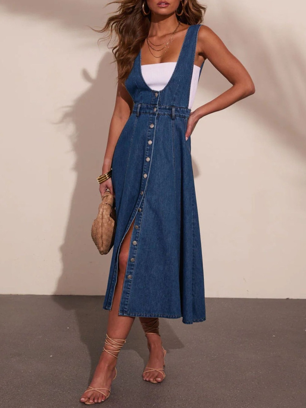 Button Front Denim Overall Midi Dress
